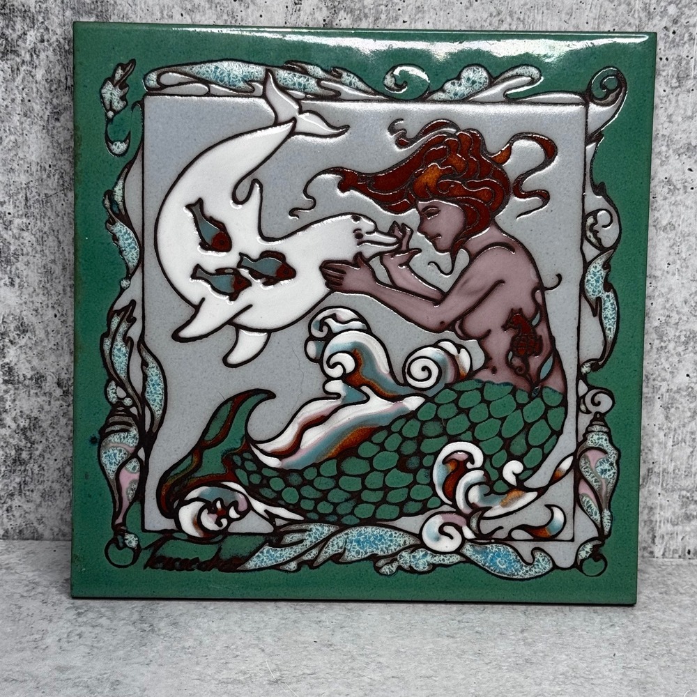 Cleo Teissedre Hand Painted Ceramic Mermaid Dolphin Art Tile Trivet Green